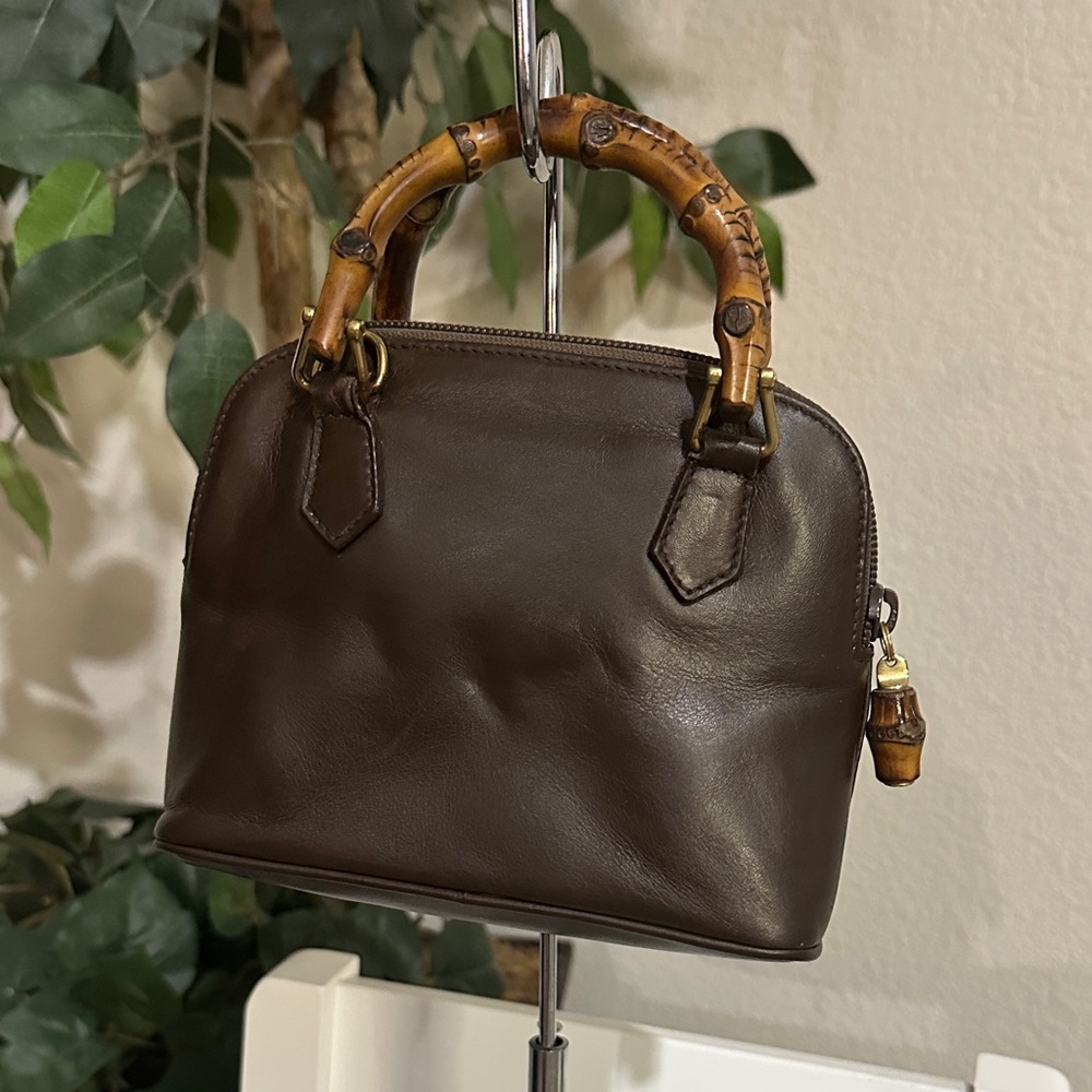 Gucci Dark Brown Leather Mini Top-Handle Bag with Bamboo Accents